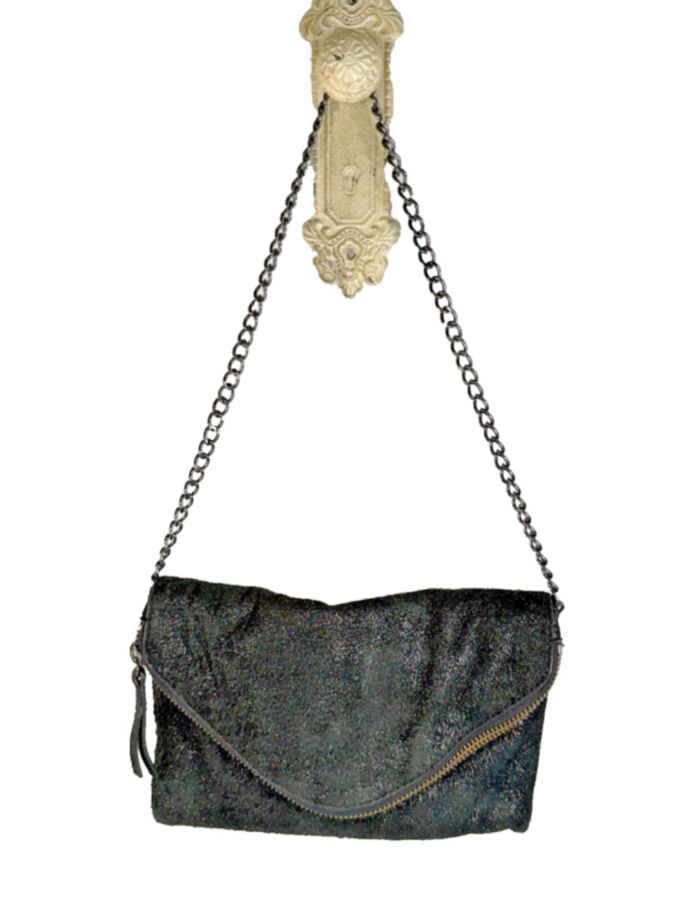 J Crew distressed black chain strap envelope style handbag